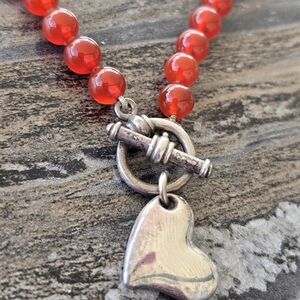 Red Carnelian Beaded Silver Heart Necklace 16 T.Length 1.75 Bail+pendent